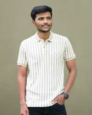 A man wearing a tan and white striped polo shirt and dark pants, shown from both the front and back. The shirt has a solid tan collar and short sleeves with solid tan cuffs.