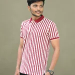 A man wearing a red and white striped polo shirt and dark pants, shown from both the front and back. The shirt has a solid red collar and short sleeves with solid red cuffs