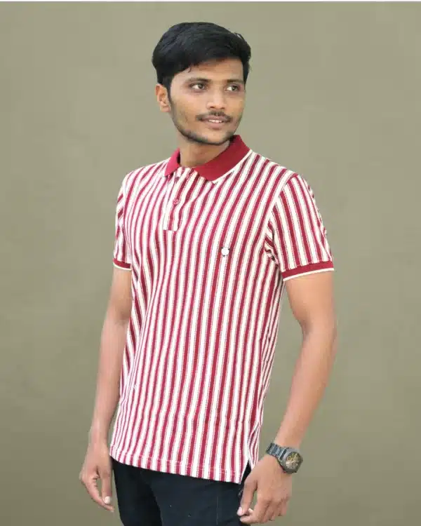 A man wearing a red and white striped polo shirt and dark pants, shown from both the front and back. The shirt has a solid red collar and short sleeves with solid red cuffs