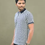 A classic Blue and white striped polo T-shirt with a solid navy collar and a timeless, versatile design. The perfect staple for any casual outfit.