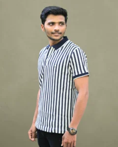 A classic Blue and white striped polo T-shirt with a solid navy collar and a timeless, versatile design. The perfect staple for any casual outfit.