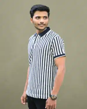 A classic Blue and white striped polo T-shirt with a solid navy collar and a timeless, versatile design. The perfect staple for any casual outfit.