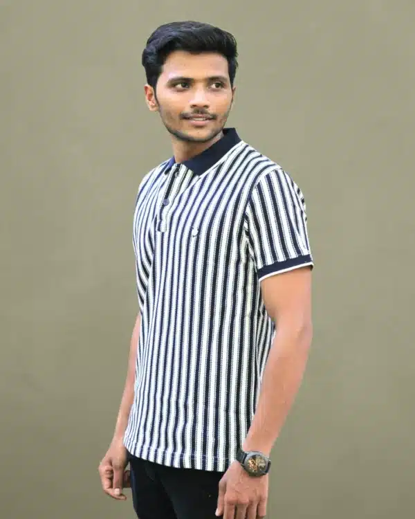 A classic Blue and white striped polo T-shirt with a solid navy collar and a timeless, versatile design. The perfect staple for any casual outfit.