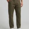 Loose fit comfortable olive green summer trousers for men, breathable beach pants, relaxed-fit eco-friendly linen bottoms, casual warm-weather loungewear.